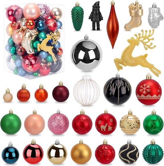 Christmas Balls Ornaments Set, 60-70 Pack Assorted Size Christmas Tree Balls Omaments with Hanging Strings, Colorful Shatterproof Plastic Decor for Xmas Holiday Wedding Party Home Indoor Decorations