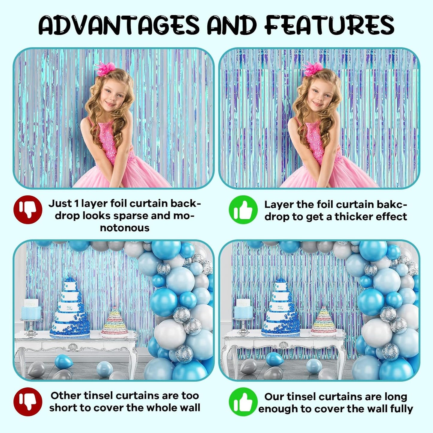 2 Pack 3.3x8.2 Feet Neon Iridescent Foil Fringe Backdrop Curtains, Tinsel Streamers Birthday Party Decorations, Fringe Backdrop for Graduation, Baby Shower, Gender Reveal, Disco Party