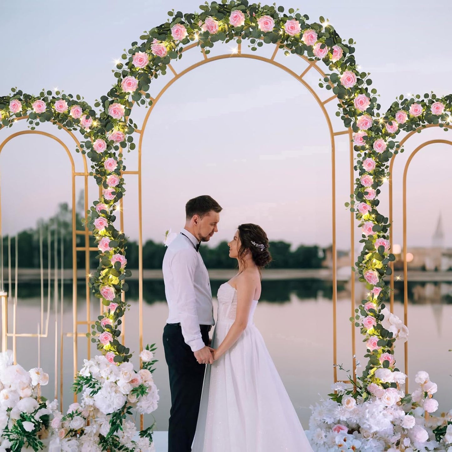 MACTING 6.6FT Flower Garland with Lights - Spring Gypsophila Eucalyptus Garland with 12 Pink Roses Artificial Floral Greenery Vine for Arch Table Centerpieces Backdrop Party Home Wedding Decorations