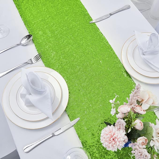 6 Packs 12 x 72 inches Green Sequin Table Runner, Glitter Runner for Birthday Party Supplies Decorations Wedding Bachelorette Holiday Celebration Bridal Shower Baby Shower