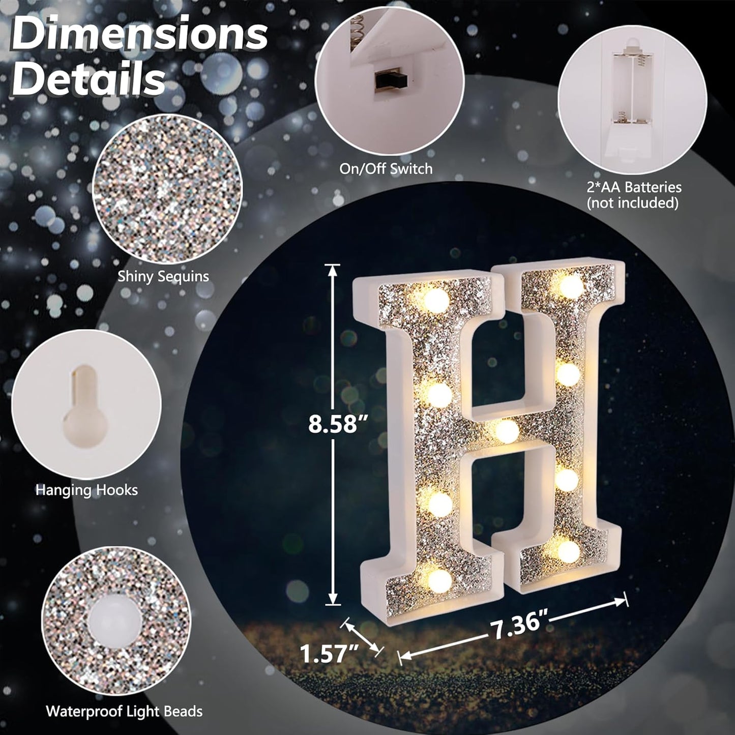 Marquee Light Up Letters, Glitter Silver LED Letter Lights Battery Powered Alphabet Letter Sign for Night Light Wedding Birthday Party Cafe Bar Decoration Girls Room Decor - letter H