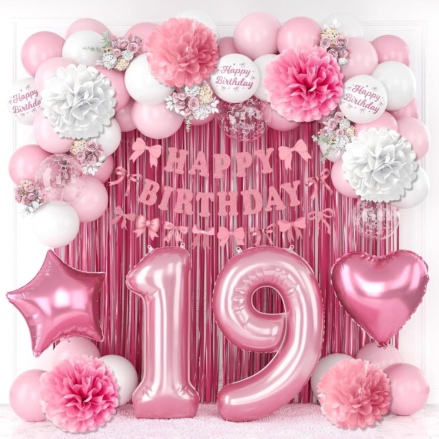19th Birthday Decorations for Girls Pink Number 19 Balloon Bow Coquette Happy Birthday Banner Fringe Curtain Paper Pom Poms Star Heart Foil Pink White Balloons 19 Year Old Party Decor for Her