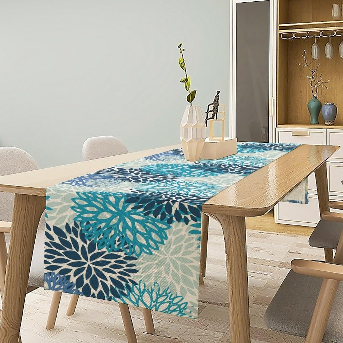 Floral Table Runner,Blue Flowers Print Spring Summer Table Cloth Kitchen Dining Table Home Party Decoration 13x72 Inch