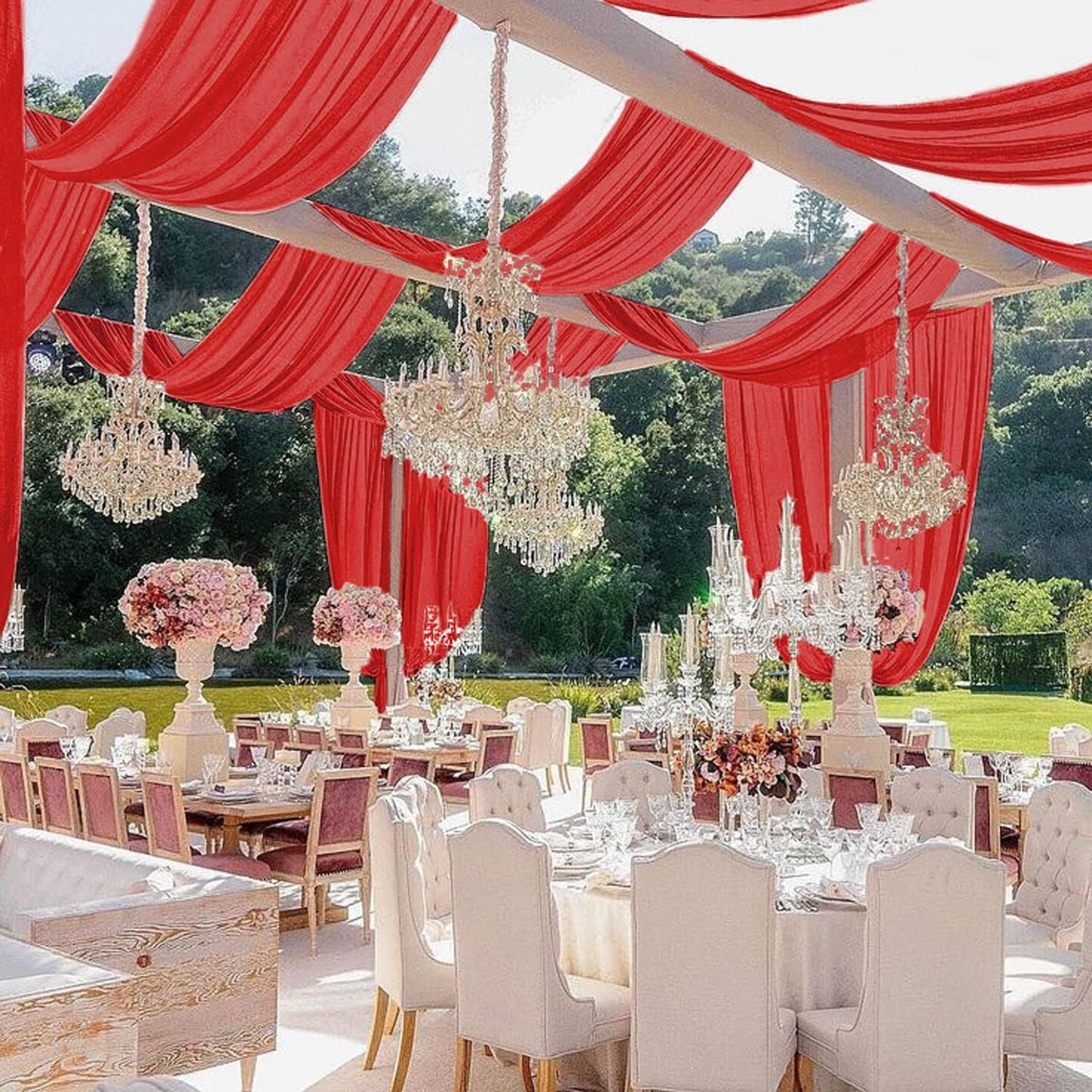 MODFUNS Wedding Ceiling Drapes Red Chiffon Ceiling Draping Fabric 5x20ft 6 Panels Sheer Arch Drapes Tulle Draping Fabrics Semi Sheer Stage Curtain for Wedding Banquet Decoration
