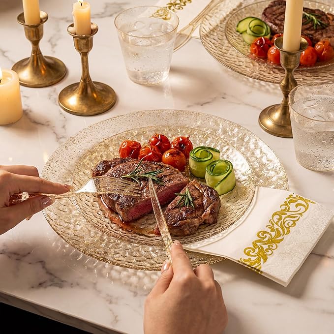 Rubtlamp 350 Pcs Gold Glitter Plastic Plates, Hammered Disposable Plates Set (50 Guests), Glitter Dinnerware Set Include 100 Plastic Plates, 150 Glitter Silverware, 50 Cups And 50 Napkins for New Year