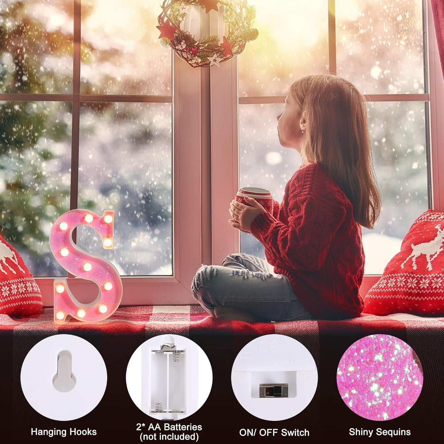 Foaky Pink Light up Letters，Pink Party Decorations,Girls Room Decor,Glitter Light Up Letters,Alphabet Letter Sign for Night Light Birthday Party Girls Gifts, Home Bar Decoration（L）