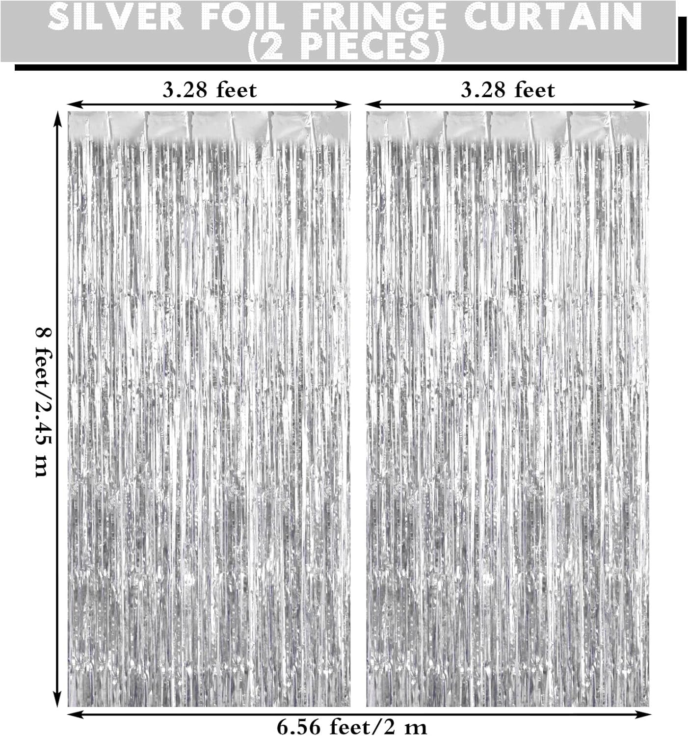 2 Pack Silver Fringe Curtains Foil Shiny Fringe Backdrop Tinsel Door Streamers Foil Curtains for Birthday Wedding Engagement Bridal Shower Celebration Party Decorations Large