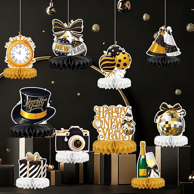 Happy New Year Party Decorations Bundle - Includes New Years Eve Honeycomb Centerpieces ，New Year Table Toppers, for Classroom Decor, New Year & Birthday Party Supplies