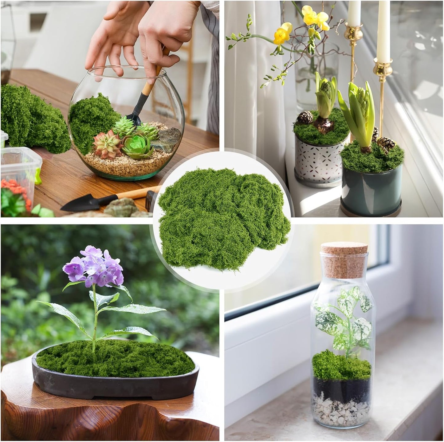 Fake Green Moss for Plants Indoor, 5.3OZ Artificial Moss for Potted Plants Decor, DIY Decorative Moss for Crafts Fairy Garden Floral Wedding Model Making Glass Containers Home (150g)