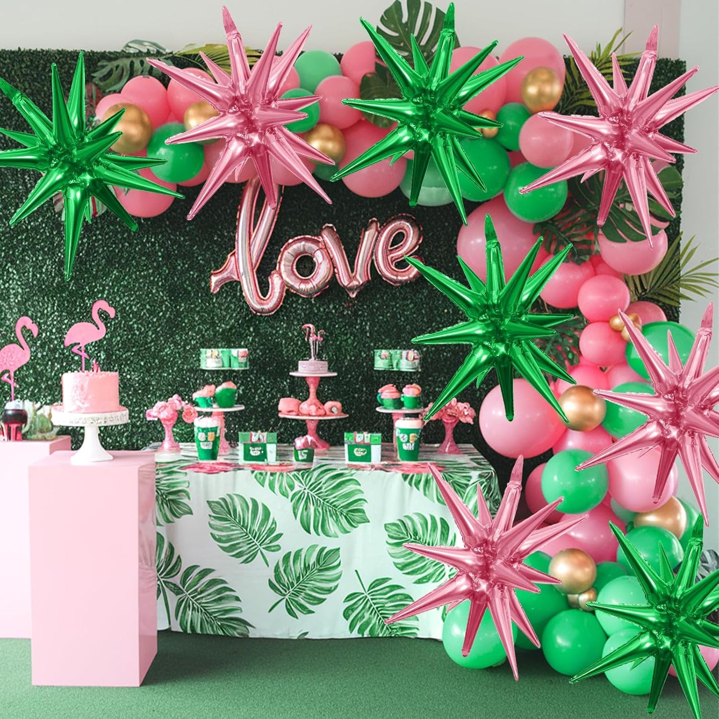 Pink Green Star Balloons,9Pcs 22Inch Pink Green Explosion Spike Cone Helium Polyester Film Star Foil Balloons for Witch Birthday Anniversary Disco Party Decorations