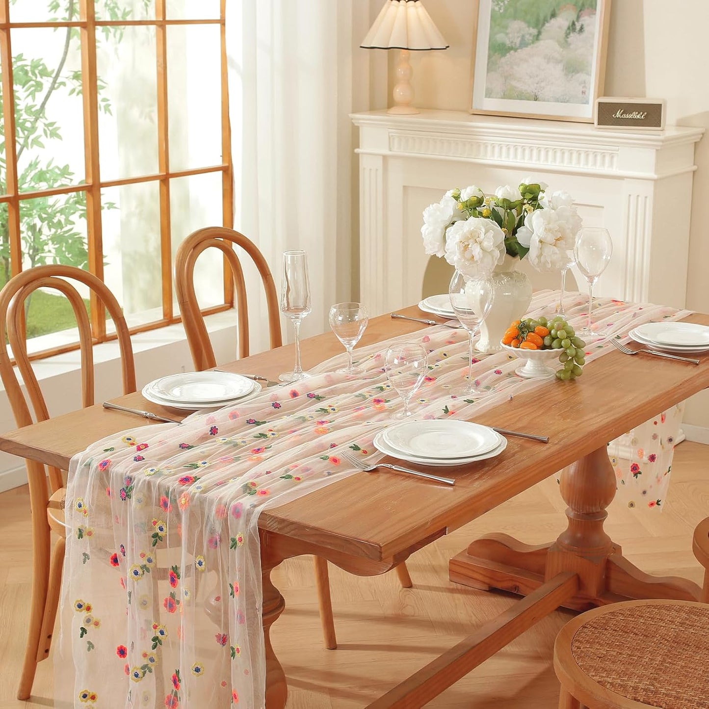 Champagne Embroidery Daisy Fall Table Runner 120Inch 10FT Florals Soft Sheer Tulle Fabric Table Runner for Home Decor, Brithday, Wedding, Baby Shower ,Holiday ,Parties, DIY Craft,3PC