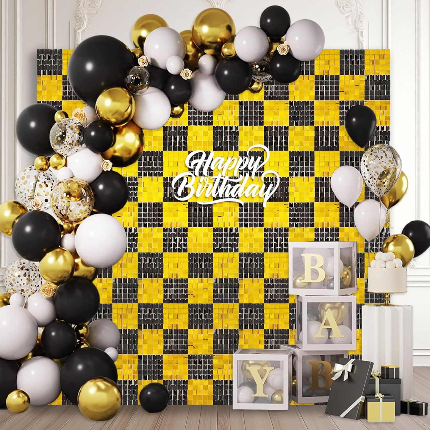 12PCS Black Gold Shimmer Wall Backdrop, Square Sequin Photo Backdrops Panel, Glitter Wall Background for Birthdays, Weddings, Christmas, Engagements, New Years Party Decor (3FTx4FT)