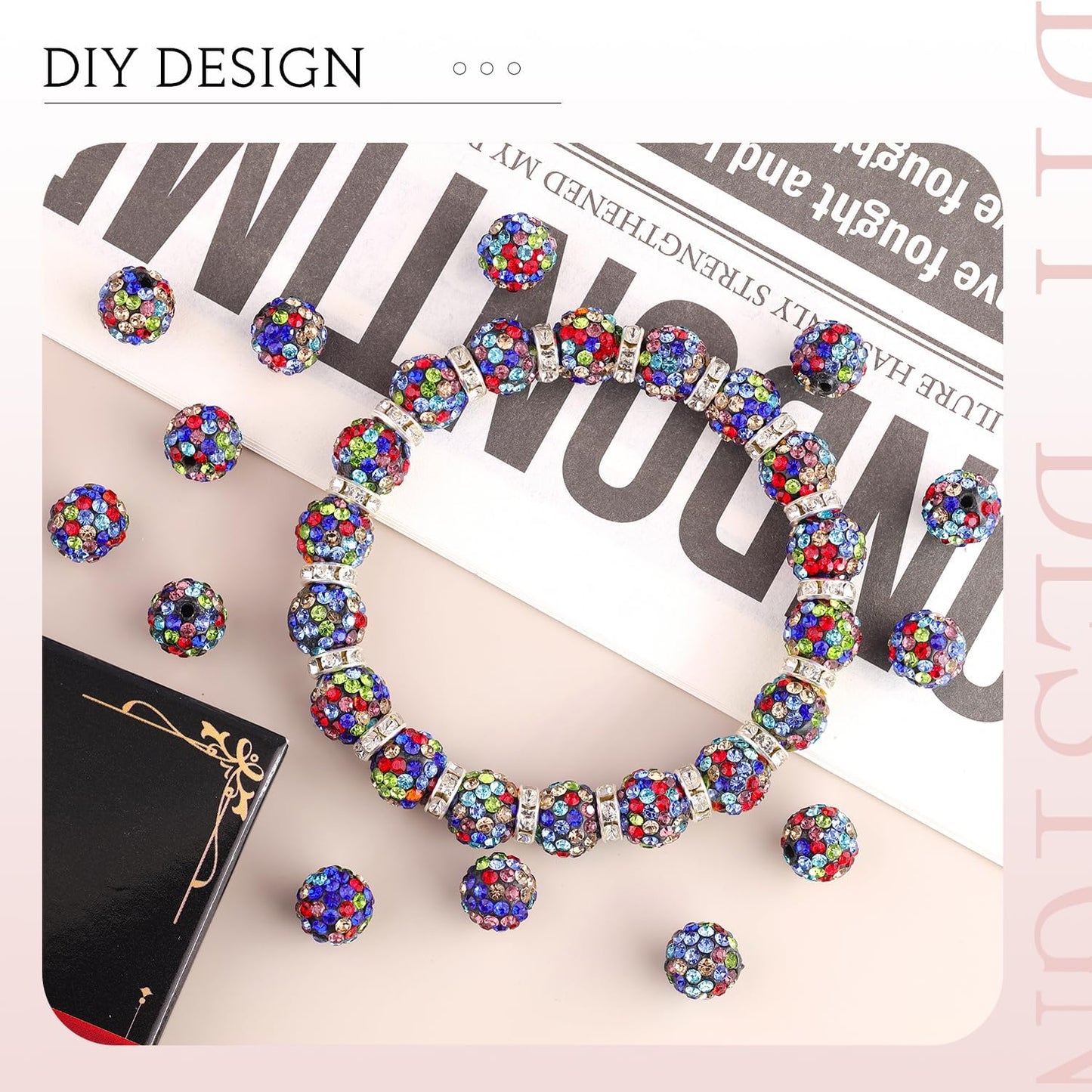 100pcs 10mm Rhinestone Beads for Jewelry Making, Black Mixed Shiny Round Shamballa Disco Beads Bulk, Sparkle Crystal Clay Christmas for Bracelet Baseball Necklace Earring Crafting and DIY