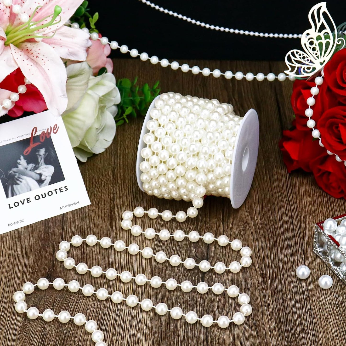 16 Feet 10mm Pearl Strings Garland for Crafts, Artificial Pearl Beaded Trim Chain Roll Strands for Wedding Centerpieces Bouquet Party Decoration Christmas Tree Garland, Ivory