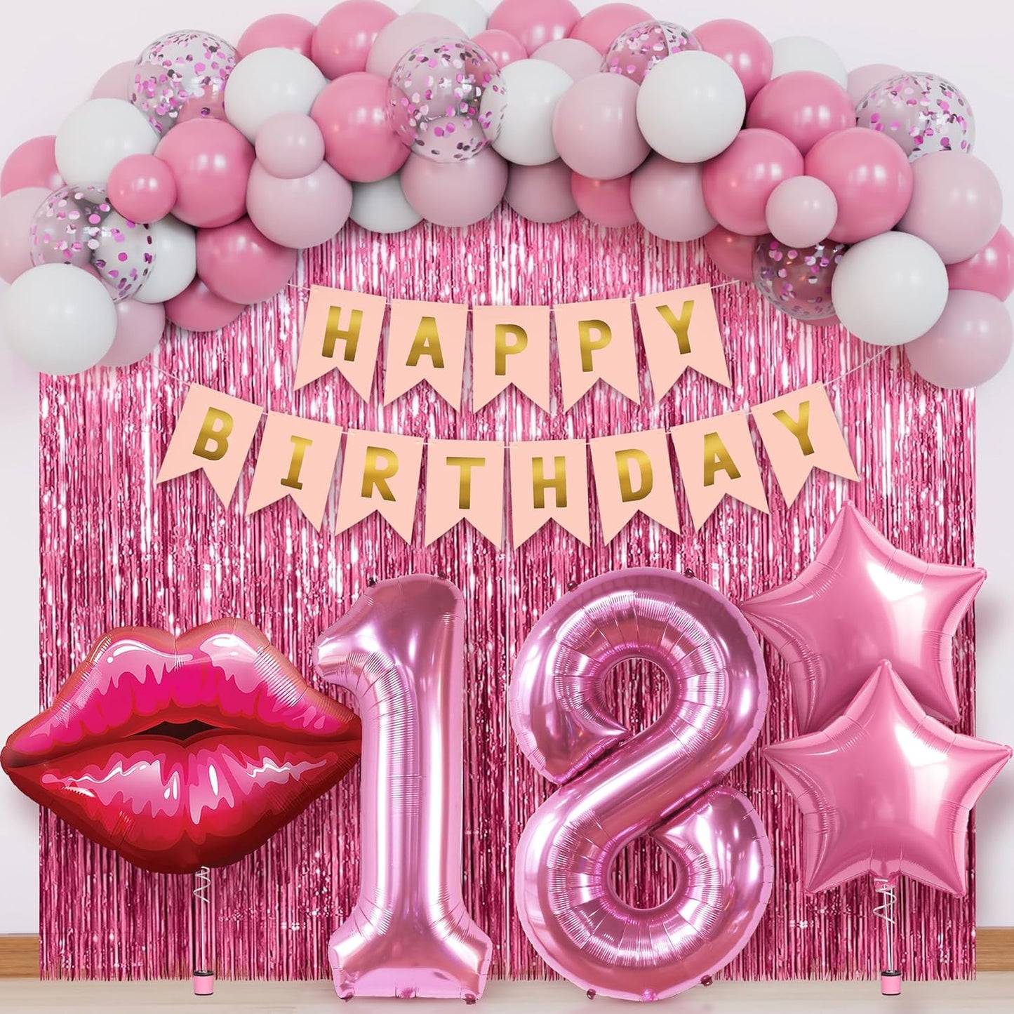 KatchOn, Pink 18th Birthday Decorations with Lip & Star Balloons – Pack of 42 | Happy Birthday Banner & Lip Decor | 18th Happy Birthday Decorations for Women, Girls & Her | Pink Party Decorations