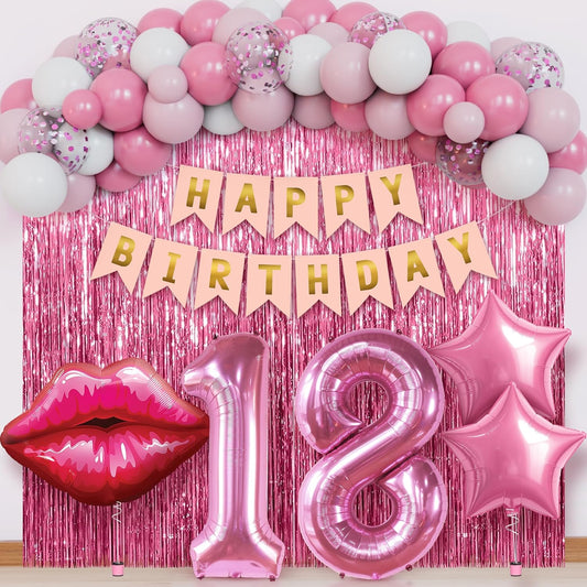 KatchOn, Pink 18th Birthday Decorations with Lip & Star Balloons – Pack of 42 | Happy Birthday Banner & Lip Decor | 18th Happy Birthday Decorations for Women, Girls & Her | Pink Party Decorations