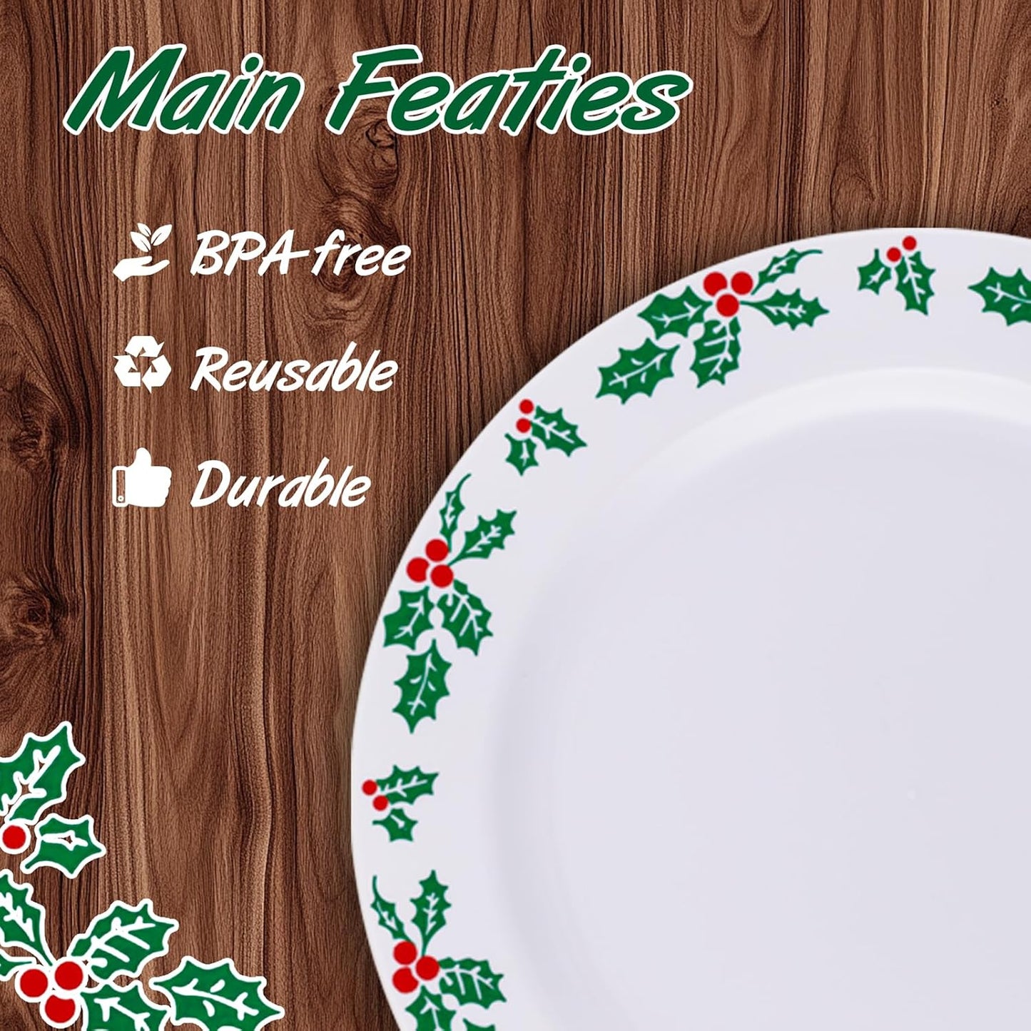 WDF 350pcs Christmas Plates and Napkins Set - Exquisite Holly Design - Christmas Dinnerware Set of 50 Plastic Plates 50 Red Silverware Set&Cups& Napkins