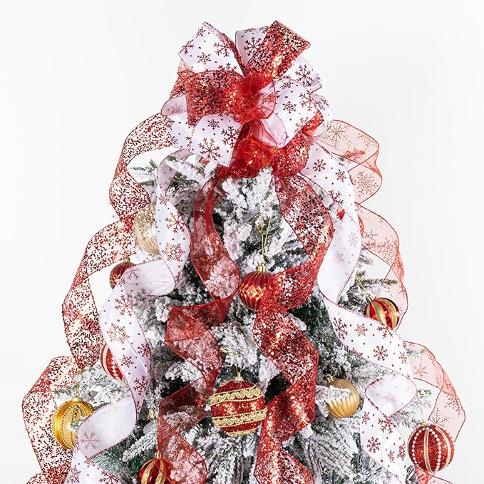 Red and White Glitter Christmas Tree Topper Bow 11 Inch with 6 Ribbon Tails 3 Yards Long Wired Ribbon for Holiday Easy Style Party Decoration
