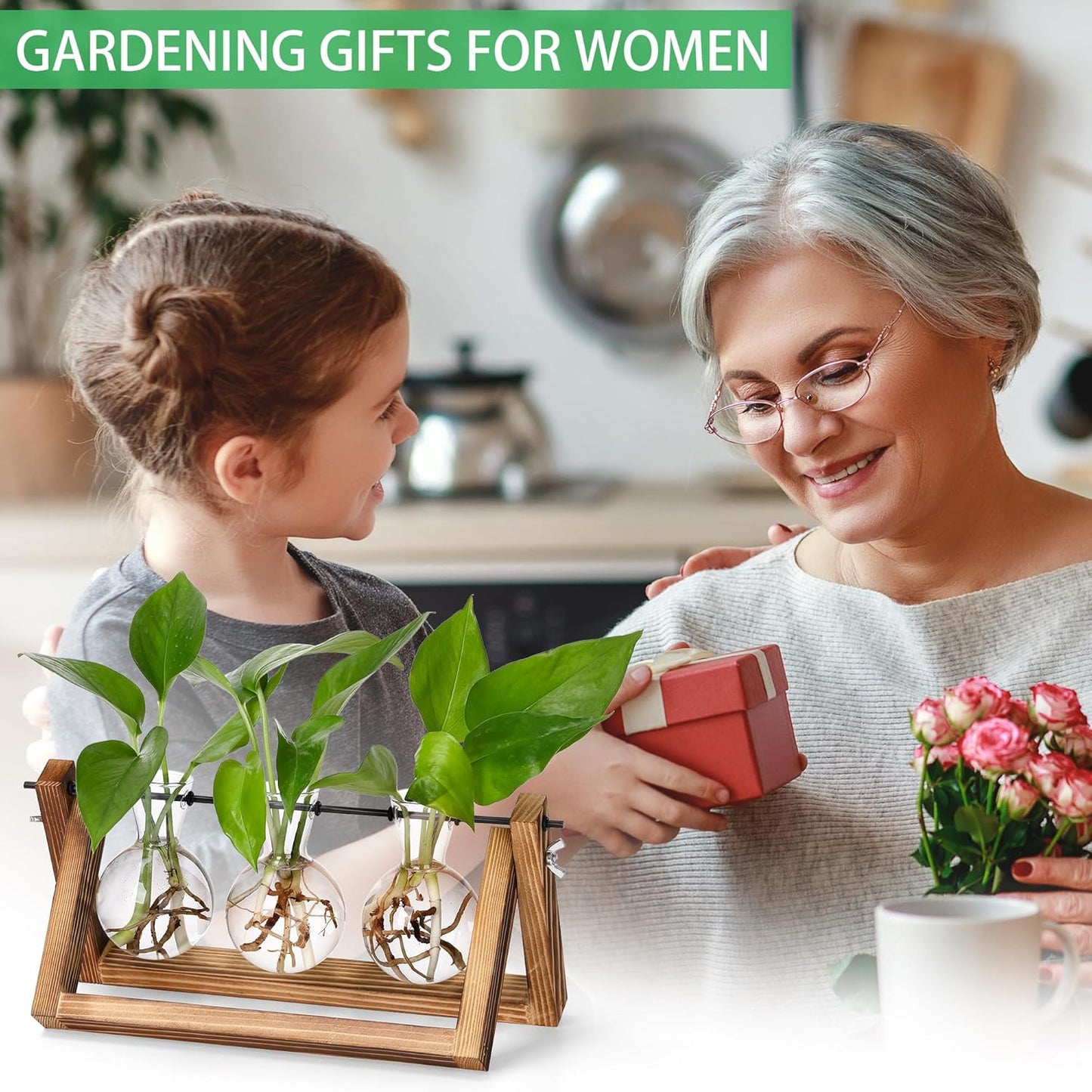 YIBOT Plants Propagation Stations,Desk Plant Terrarium with Retro Wooden Stand,Plant Lover Gifts for Women for Hydroponics Plants Home Garden Wedding Decor(3 Bulb Vase)