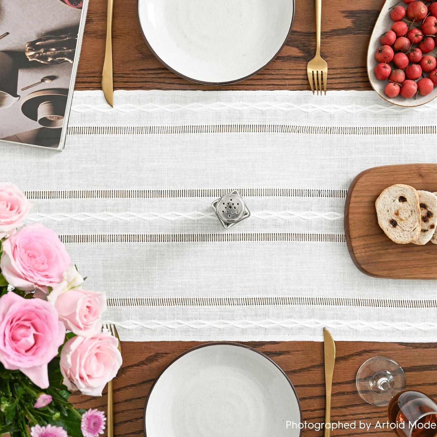 Artoid Mode Rustic Cotton Linen Table Runner, Seasonal Embroidered Hollow Kitchen Dining Table Decoration for Home Party Decor 13x108 Inch