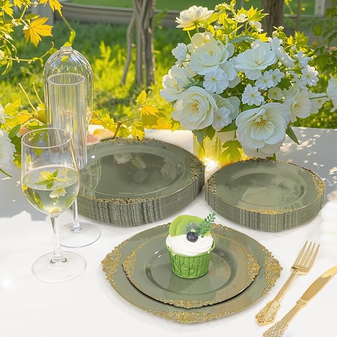 125PCS Olive Green Plastic Plates - Green and Gold Disposable Plates - Vintage Plate with Gold Plastic Silverware Sets for 25 Guests for Wedding & Party