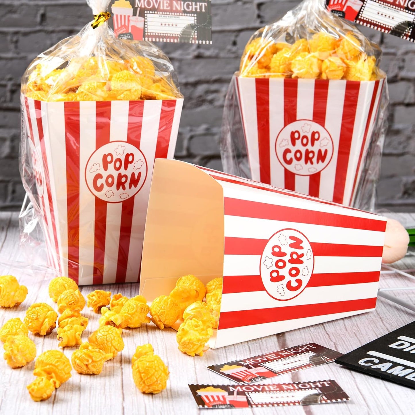 24set Movie Night Party Favors include Paper Popcorn Box Cellophane Bags and Ticket for Movie Theme Birthday Wedding Party Supplies