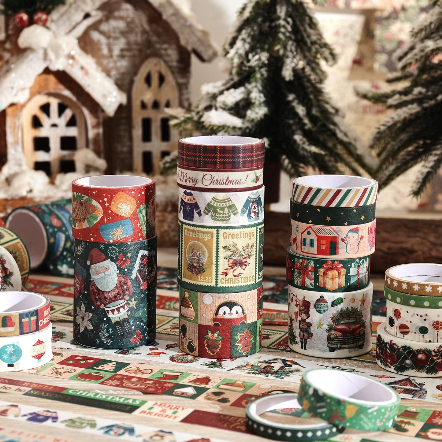 25 Rolls Christmas Gift Washi Tape Set, Festivals New Year Decorative Tapes for Scrapbooking, Junk Journal supplies, DIY Crafts Gift, Party Decorations, Bullet Journaling, 5-50mm Wide 9.84ft long/Roll