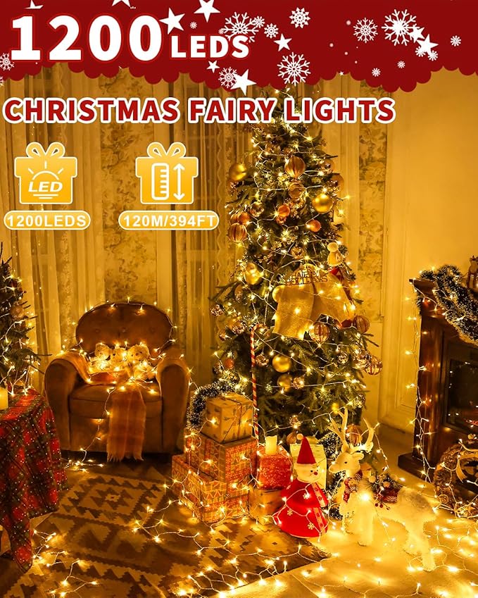 Christmas Lights String Outdoor Indoor, Warm White 403FT 1200 LED Xmas Tree Decorations Lights,Plug in Twinkle Fairy Light with Remote Timer for Room Yard Holiday Party Wedding Camping Decor