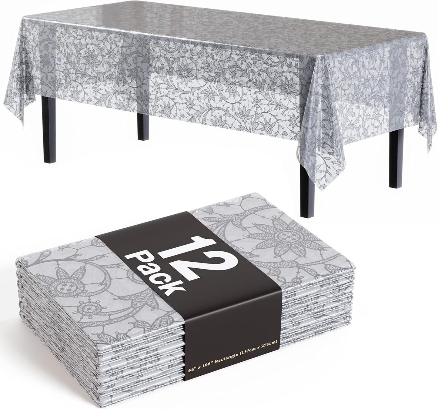 Exquisite Lace Table Cloth Rectangle Table Plastic 12-Pack Lace Tablecloth Rectangular 54" X 108" | Silver Floral Tablecloth Disposable | Wild Flower Party Decorations & Party Supplies