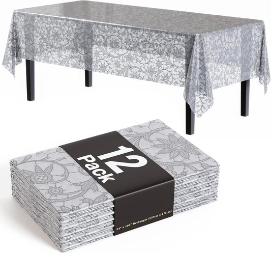 Exquisite Lace Table Cloth Rectangle Table Plastic 12-Pack Lace Tablecloth Rectangular 54" X 108" | Silver Floral Tablecloth Disposable | Wild Flower Party Decorations & Party Supplies