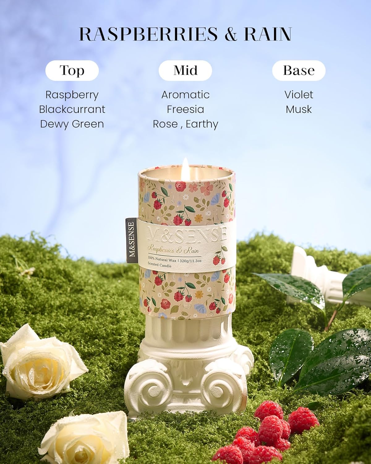 M&SENSE Raspberries Rain Scented Candle, Medium Jar Candle 11.3oz Natural Soy Wax for Home Scented, Floral Candles Gift for Spring Holiday, Up to 70 Hours Burning Long-Lasting Fragrance