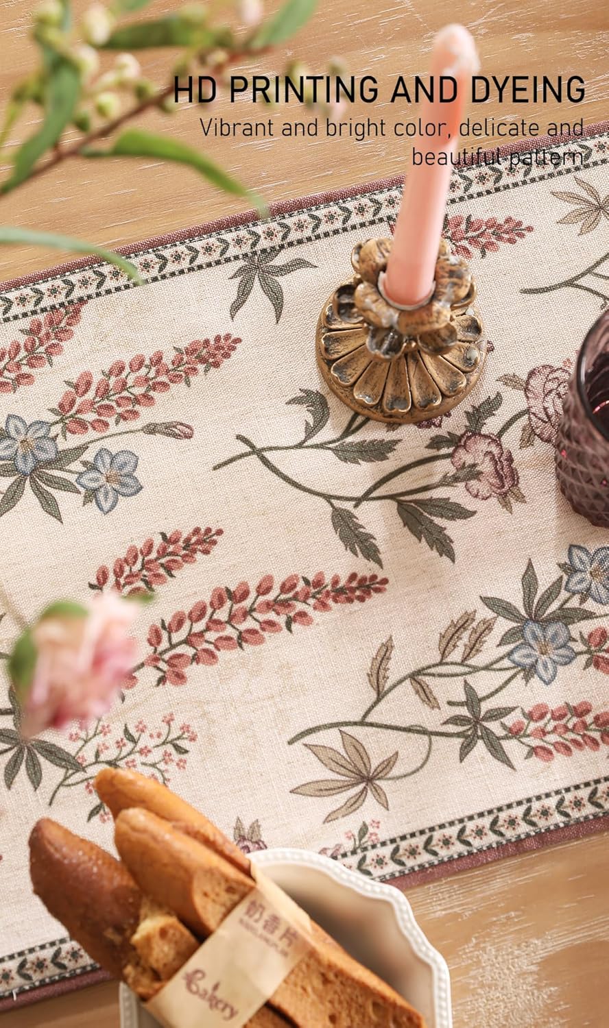 ISAENNE Designer Light Beige Linen Table Runner 87 Inches Long,Vintage Floral Wrinkle Resistant Decor Table Runners for Dining Tables,Christmas,Thanksgiving,Kitchen Tables,12"*87"-Helena A