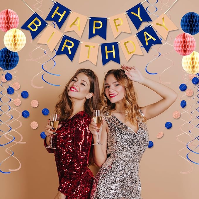 Navy Rose Gold Birthday Decorations with Happy Birthday Banner, Paper Honeycomb Balls, Circle Garland and Hanging Swirl Decorations