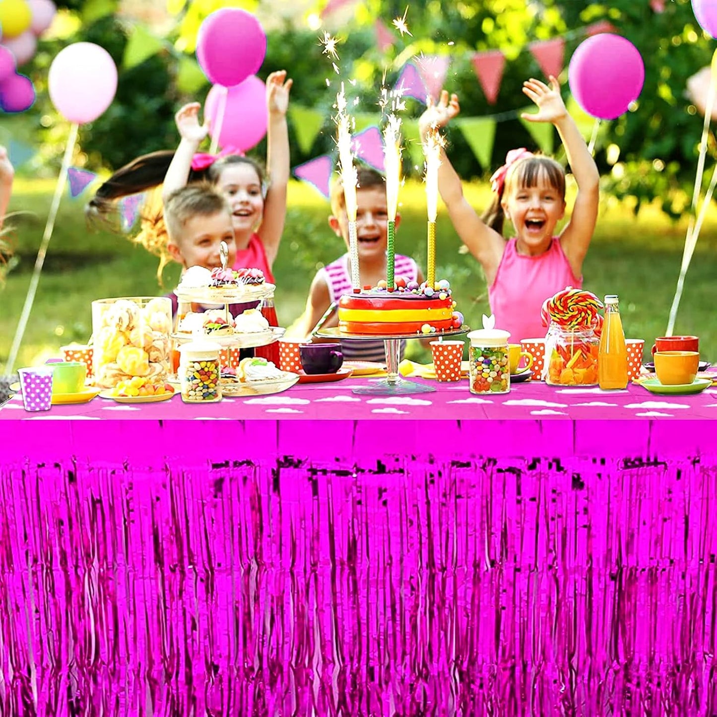 4 Pack 29x108 Inch Metallic Foil Fringe Tinsel Table Skirts for Rectangle Tables Streamer Curtains Backdrop for Christmas, Birthday, Parade Floats, Halloween Day Party Supplies(Fuchsia)