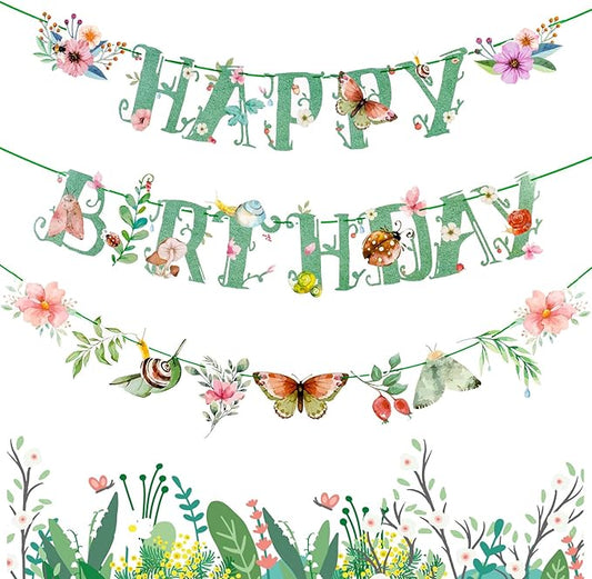 SUNBEAUTY Wildflower Happy Birthday Banner Sage Green Floral Flower Party Decorations Green Butterfly Flower Banner Summer Spring Butterfly Birthday Baby Shower Garden Tea Party Supplies | Pre-Strung
