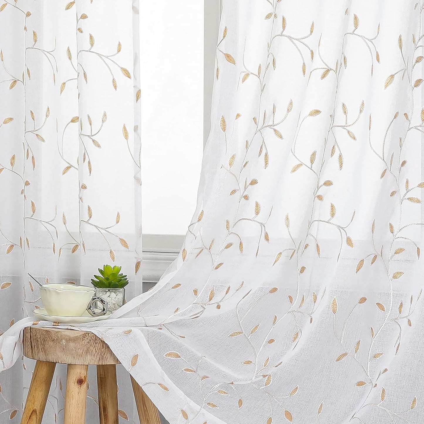 VISIONTEX White Sheer Voile Curtains, Decorative Orange Leaves Embroidery Faux Linen Rod Pocket Window Drapes for Home Kitchen, Living Room and Bedroom 54 x 72 Inch, Set of 2 Curtain Panels