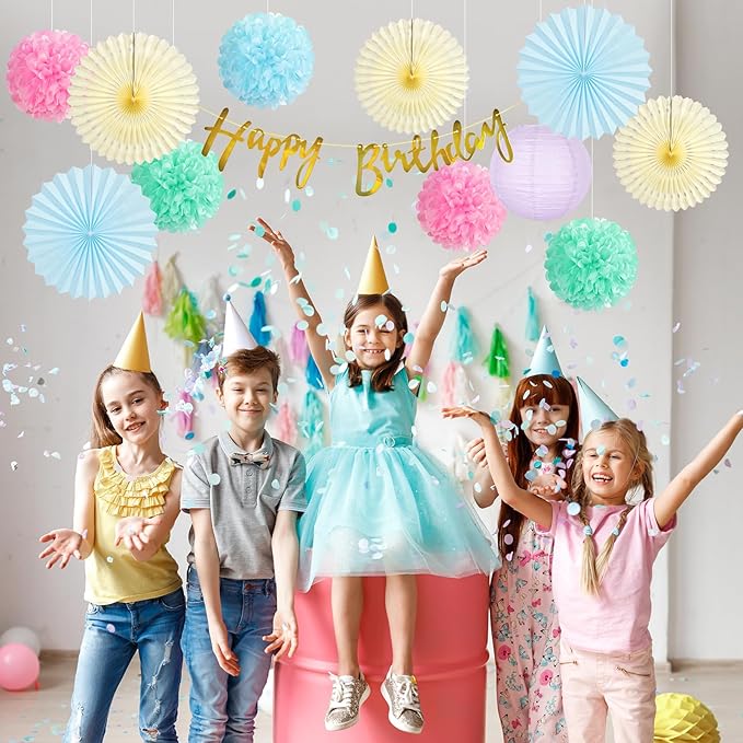 SUNBEAUTY Pastel Birthday Party Decorations for Girls Women with Happy Birthday Banner Pastel Paper Fans Tissue Pom Poms Lantern Decorations Birthday Decorations Kit