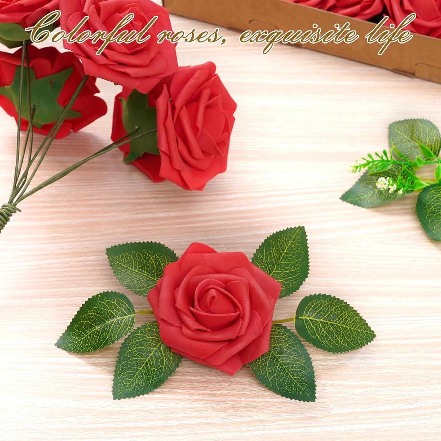 BLEUM CADE 36Pcs Artificial Flowers Fake Roses with Stems, Red Boxed Foam Roses for DIY Bouquets Centerpieces Wedding Party Arrangement Bridal Shower Decor