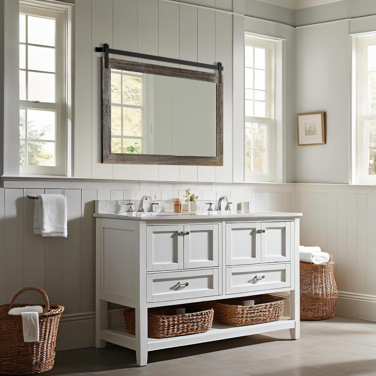 COGOOD Farmhouse Barn Door Mirror - 41" x 26" Rustic Wood Framed Wall Mirror for Bathroom, Living Room, Entryway Wall Decor (Speckled White)