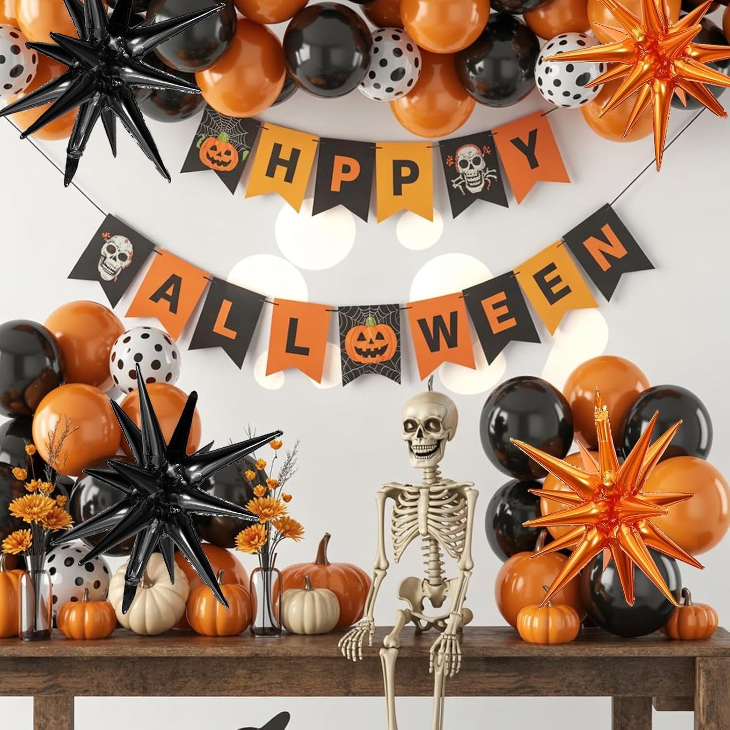 Black Orange Star Balloons,9Pcs 22Inch Black Orange Explosion Spike Cone Helium Polyester Film Star Foil Balloons for Birthday Halloween Graduation Baby Shower Party Decorations