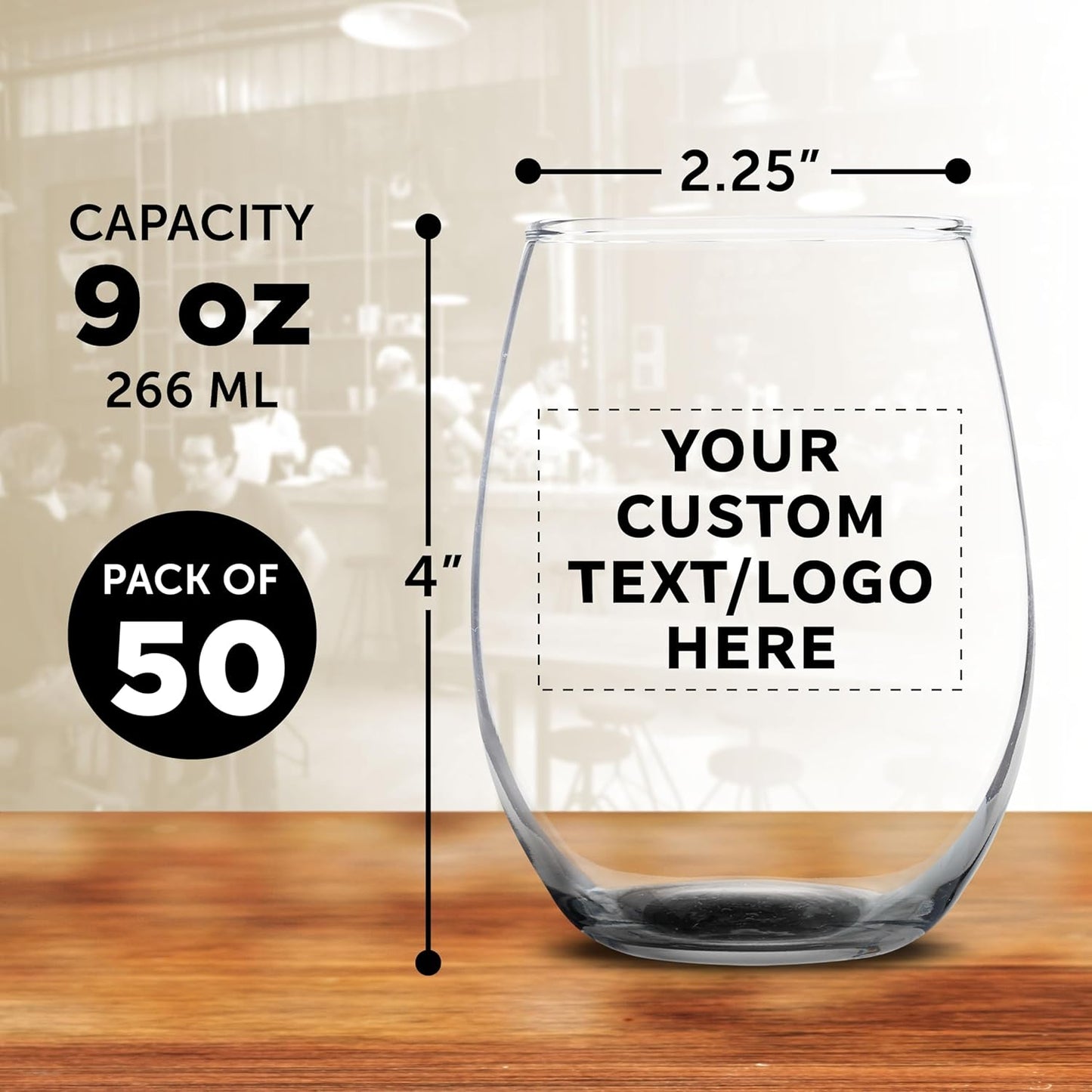 Custom Stemless Wine Glass 9 oz. Set of 50, Personalized Bulk Pack - Great for Wedding Favors, Bachelorette Party Decorations, Party Favors, Color Bottom - Black