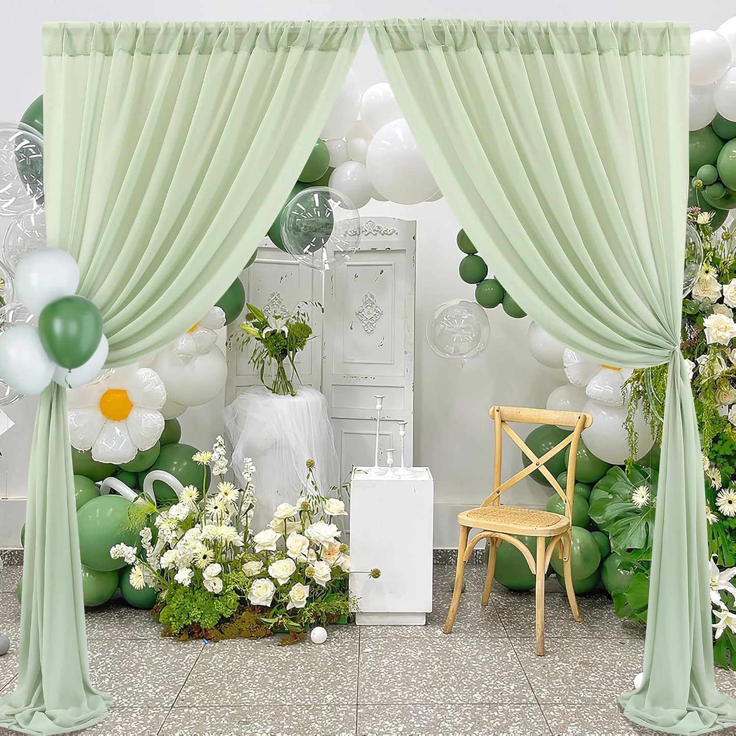 PARTISKY 10x10ft Sage Green Chiffon Sheer Backdrop Curtains, Wrinkle-Free Wedding Backdrop Drapes for Birthday Party Ceremony Arch Stage Decor Background for Photography 5x10ft,2 Panels