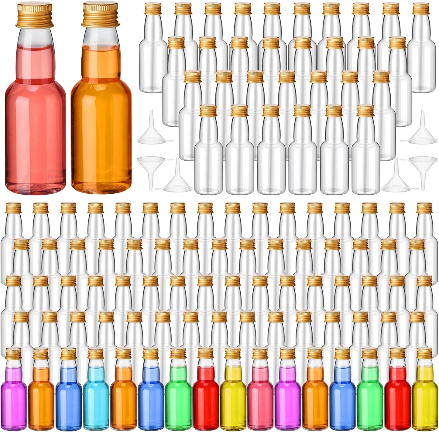 120 Pcs Mini Liquor Bottles Airtight Shot Miniature Empty Plastic Alcohol Spirit Shot Bottles with Funnels for Party Favors, Weddings(2 oz,Gold)