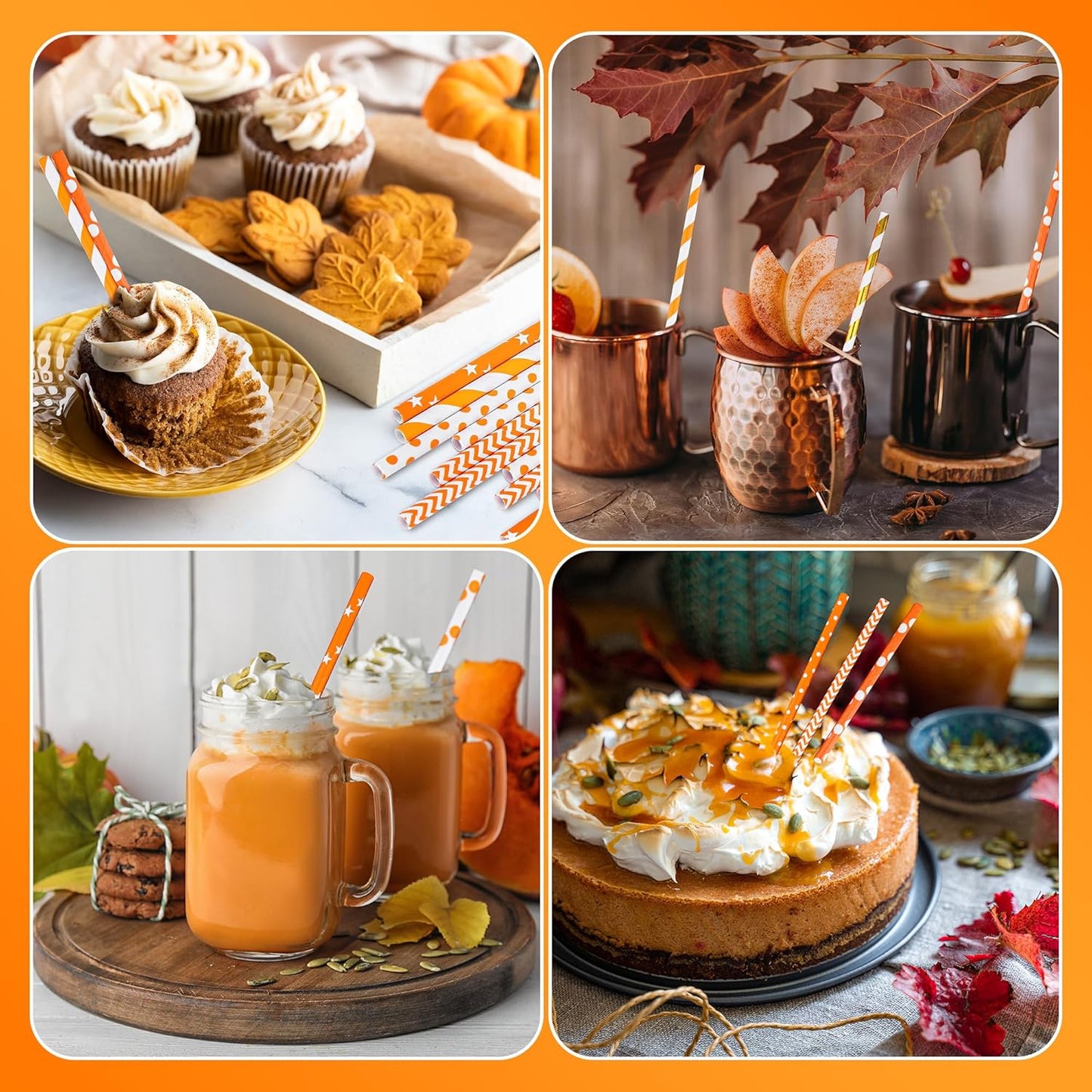 Cooraby 200 Pieces Thanksgiving Paper Straws Orange and Gold Assorted Paper Straws Biodegradable Drinking Straw Mix for Fall Leaf Autumn Wedding Supplies, 8 Style