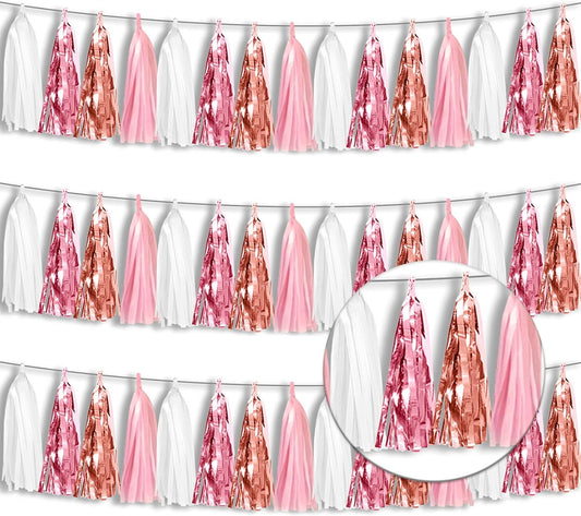 3P Metallic Fringe Tassel Banner Garland Foil Tinsel Streamer Wall Hanging Curtain Backdrop for Parade Floats, Graduation, Wedding, Birthday, Retirement Party Decorations(Rose-Gold Pink White)