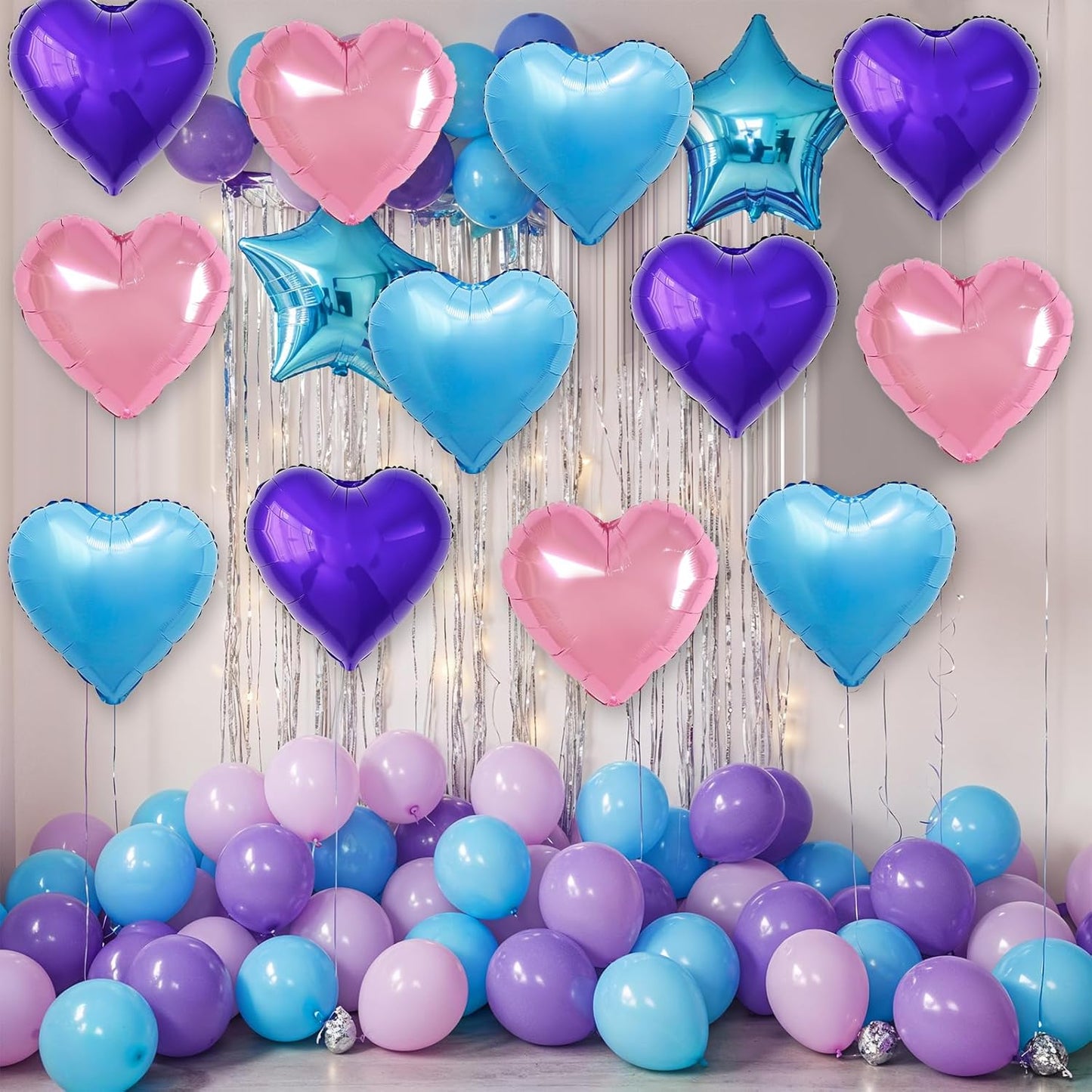 Blue Pink Purple Heart Balloons,12Pcs 18Inch Blue Purple Pink Heart Shaped Foil Helium Polyester Film Balloons for Baby Shower Birthday Anniversary Wedding Engagement Party Decorations