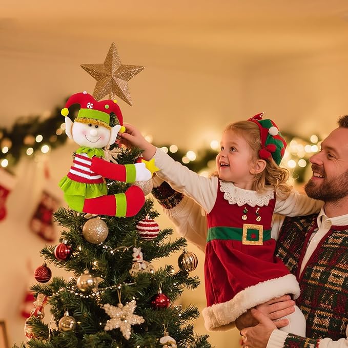 Elf Christmas Tree Topper with Mini Star, Unique Funny Plush Elf Decoration for Tree, Xmas Curtain Ornaments Wine Bottle Staircase Guardrail Decoration for Xmas New Year Holiday Birthday