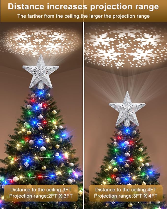 Christmas Tree Topper Star Lighted with Colorful Christmas Light Cord, Built-in 6 Projected Patterns, 3D Glitter LED Rotating Lights for Party Holiday Xmas Decorations Gifts (Silver)