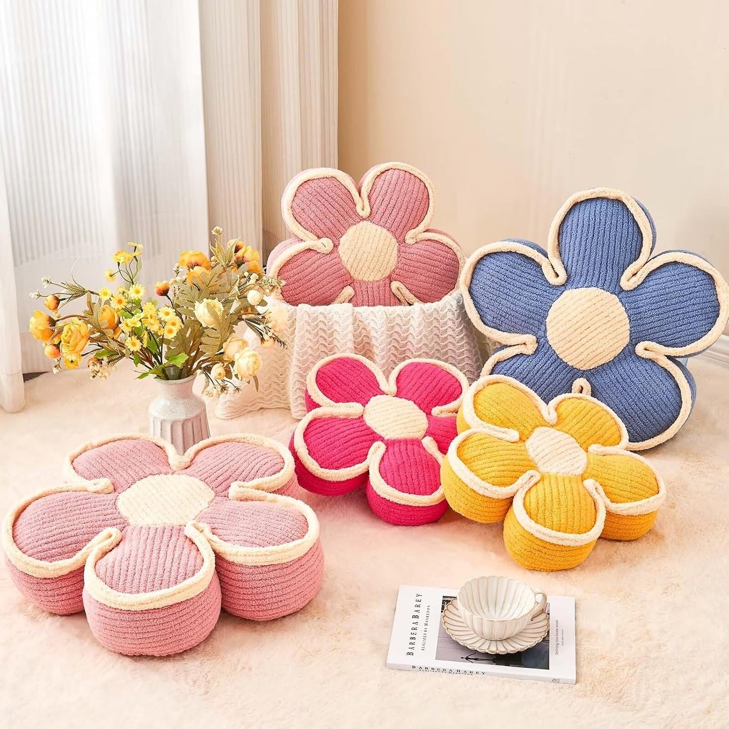 Flower Pillow, Soft Flower Shaped Floor Cushion, Flower Decorative Throw Pillow, Cute Flower Seating Cushion, Flower Room Décor Plush Pillows for Sofa Couch Bed (13.7 Inch, Pink)