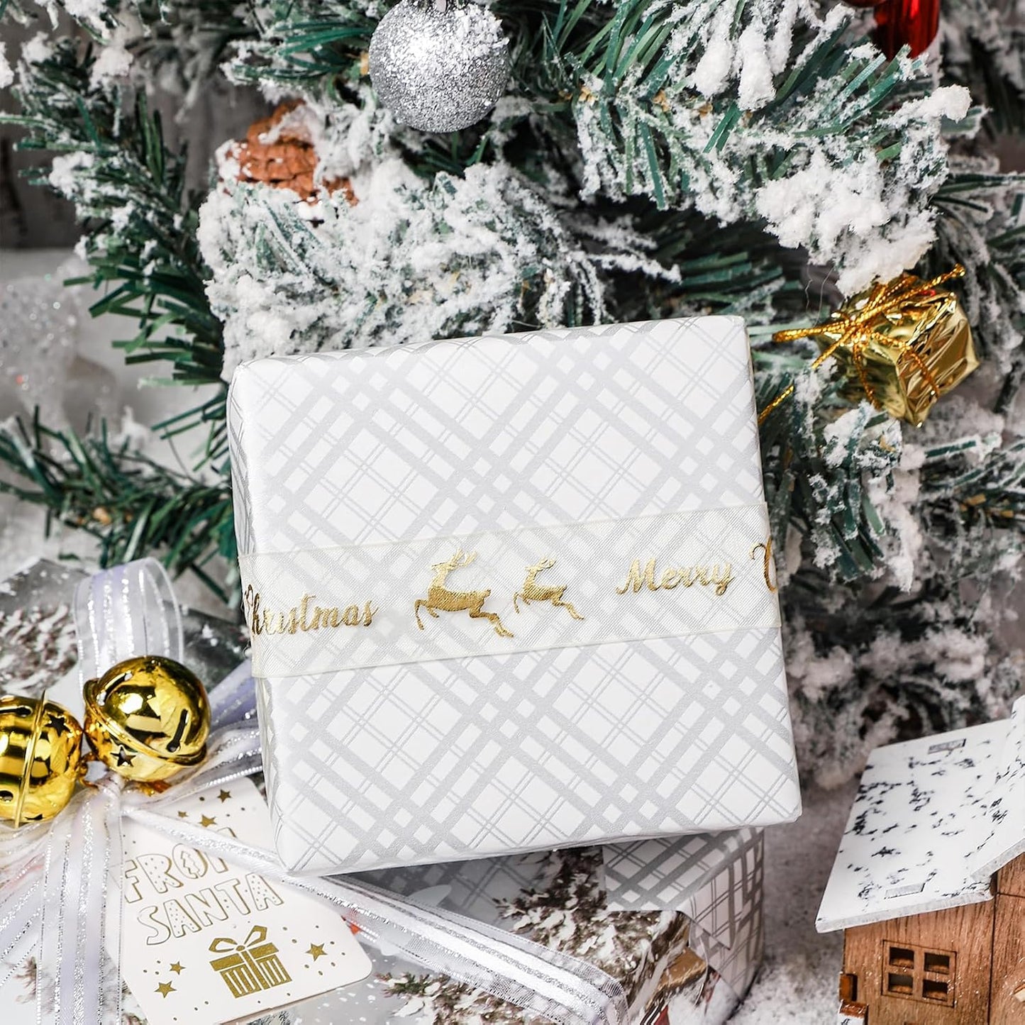 LeZakaa Christmas Silver Wrapping Paper Jumbo Roll for Boy Kid, Red Truck, Snowy Pine Forest & Grid Plaid, Silver Foil Reversible Design for Winter Holiday Family Gathering, 30 inches x 32.8 Feet